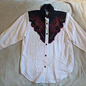 KAREN MCCARTY WESTERN BLOUSE S Small Women's Red White Black Button Up Design